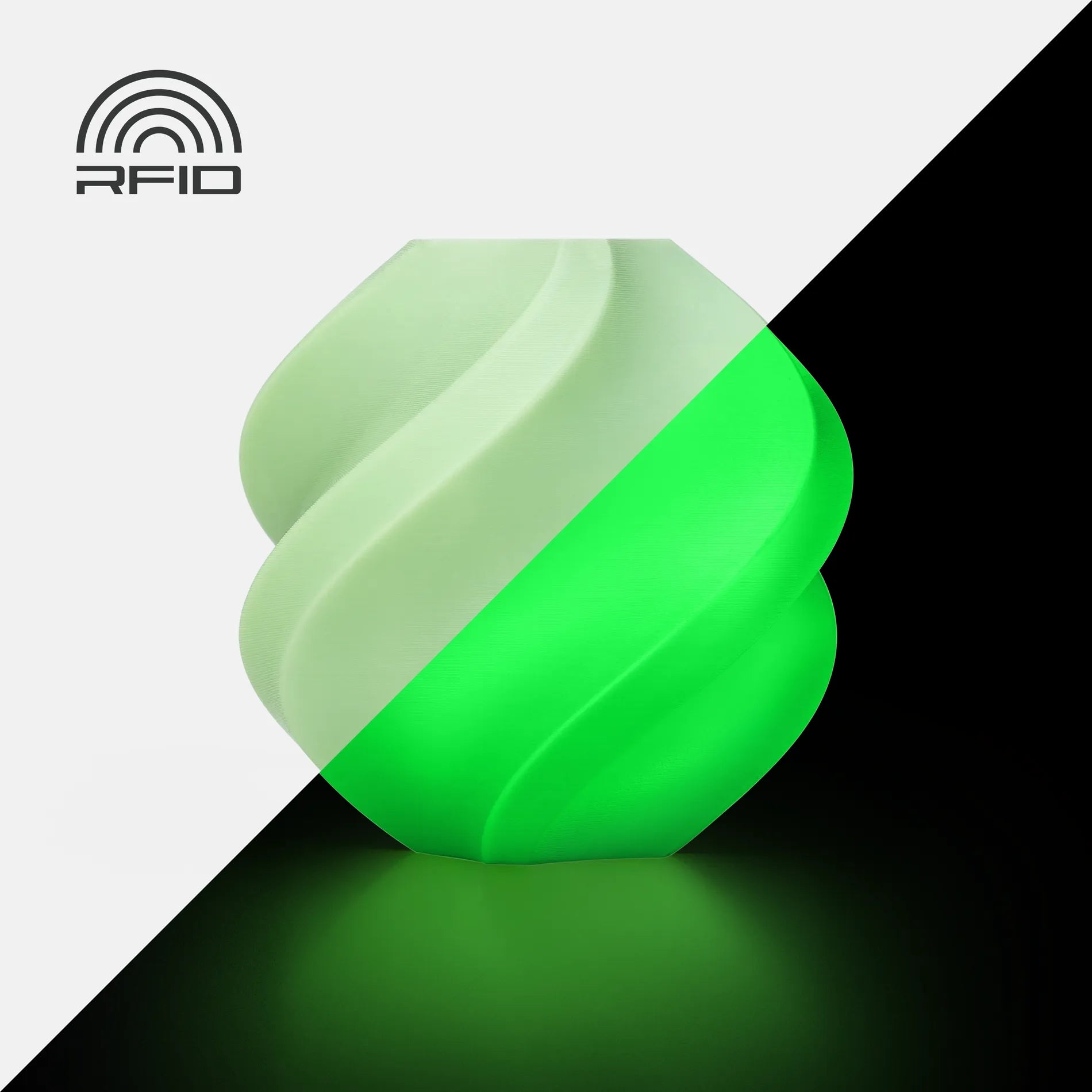 Green and white swirled object with RFID logo on a black and white background